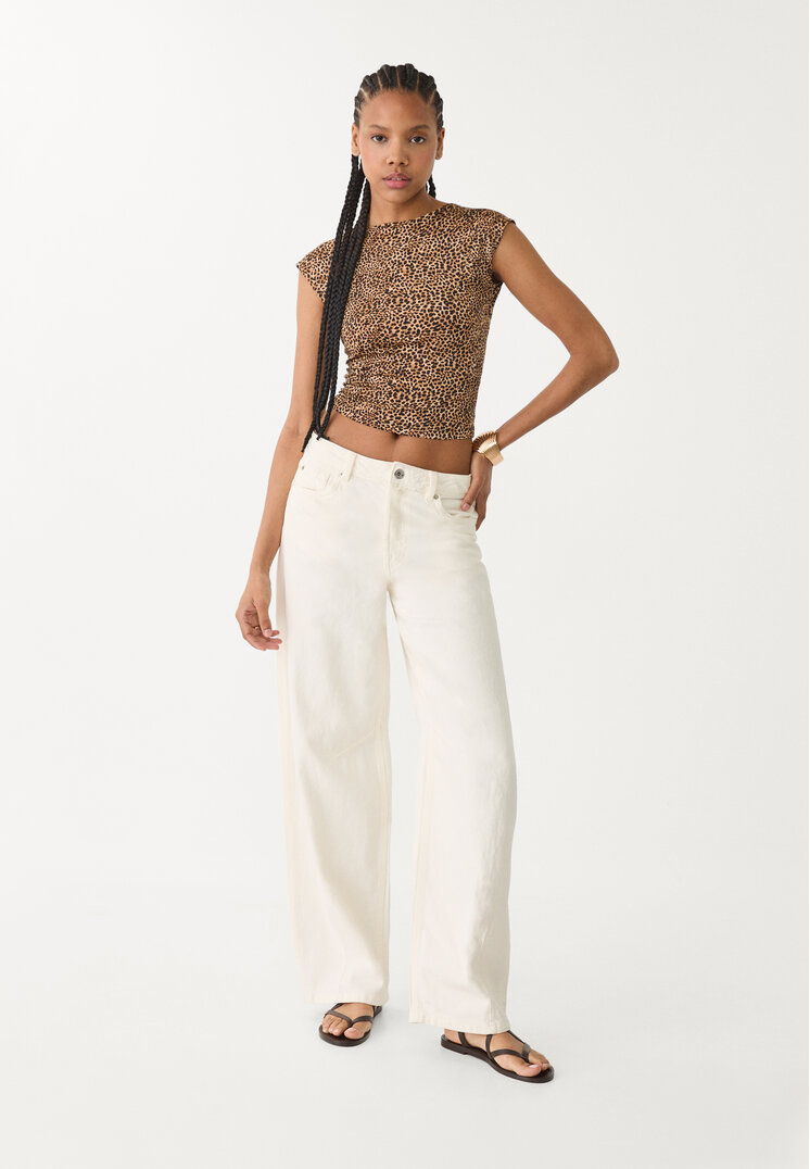 Stradivarius T-shirt z odkrytymi plecami w panterkę Beżowy L