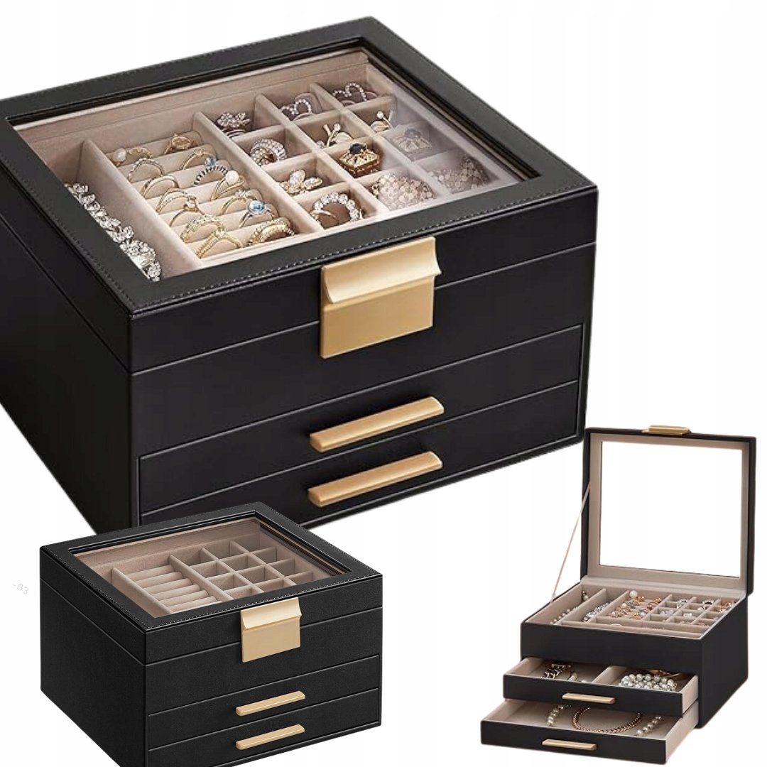 ORGANIZER SZKATUŁKA KUFEREK NA BIŻUTERIĘ ELEGANCKI POJEMNY 3 POZIOMY
