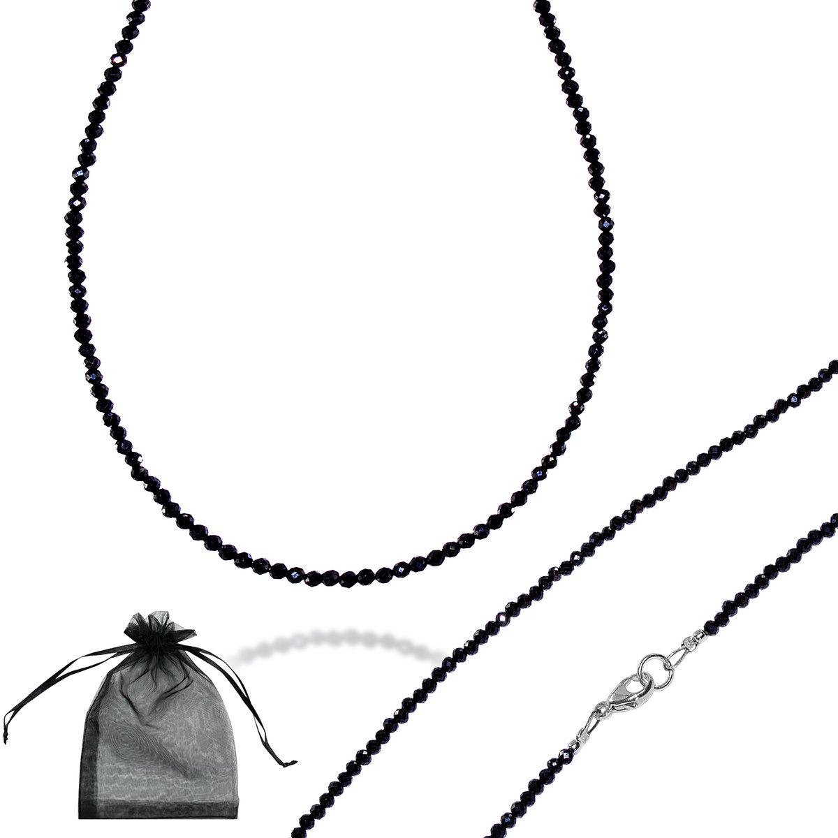 Czarny Turmalin faset 3mm Naszyjnik Choker Srebrne Zapięcie 925