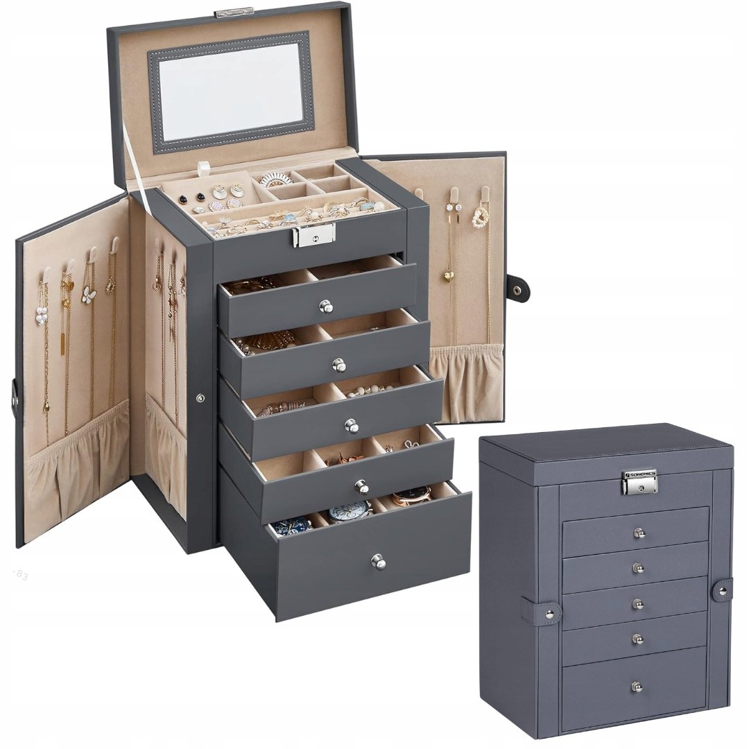 SZKATUŁKA KUFEREK NA BIŻUTERIĘ PUDEŁKO ELEGANCKI SZARY ORGANIZER DUŻY