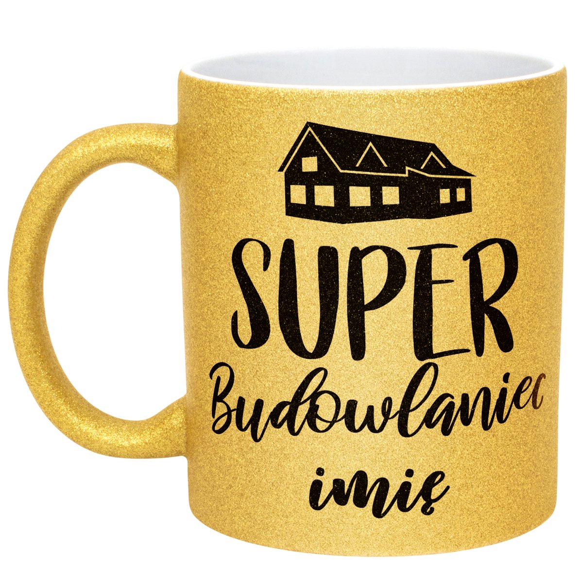 Złoty kubek brokatowy Personalizowany Super Budowlaniec Prezent Upominek
