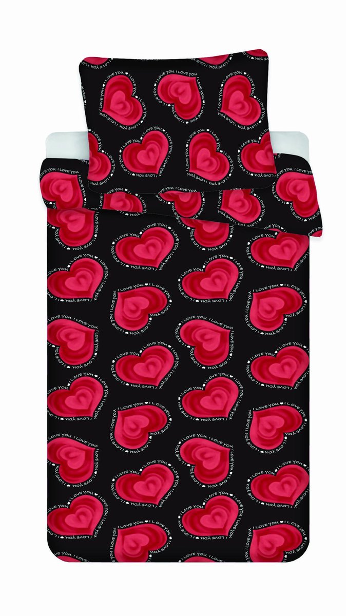 Pościel z mikrofibry 220x200 Valentine czarna czerwona serca poszewki 70x90