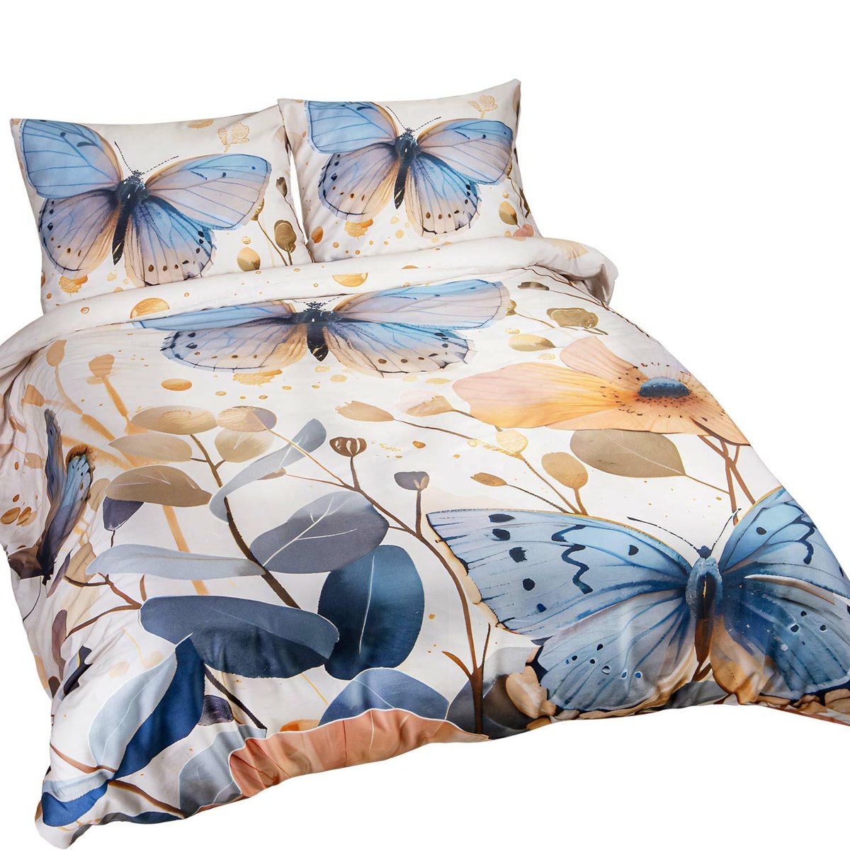 Pościel satynowa 180x200 Motyle kremowa niebieska SATYNLOVE PREMIUM