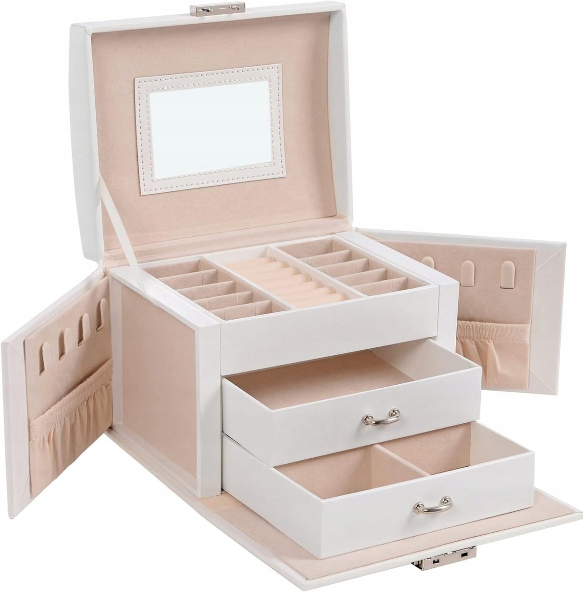 KUFEREK NA BIŻUTERIĘ SZKATUŁKA ORGANIZER BIAŁY Z LUSTERKIEM WIELOPOZIOMOWY