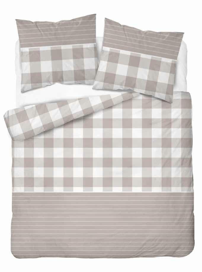 Pościel satynowa 220x200 Beżowa kratka z paskami – rustykalna elegancja, 100% bawełna - Home Satin