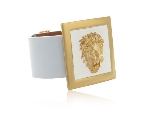 COLIBRA Pozłacana Skórzana, biała bransoletka z kwadratową, ręcznie malowaną klamrą z lwem (LV21/JES/64/B/1AU)