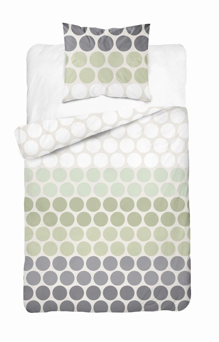 Pościel satynowa 140x200 Zielone i szare groszki na kremie – świeży minimalizm, 100% bawełna - Home Satin