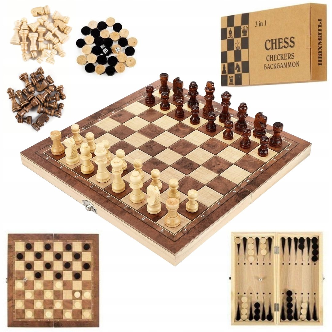Szachy Warcaby Tryktrak ZESTAW 3w1 Gra drewniane plansza duże 40x40cm