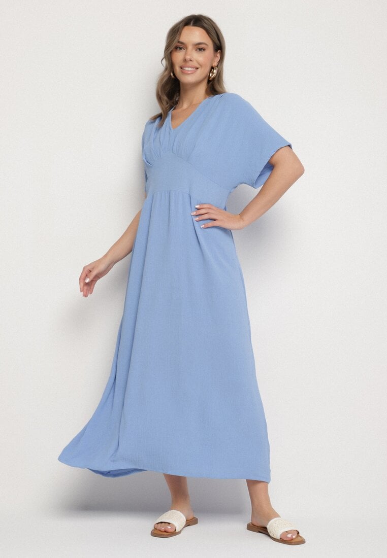 Niebieska Sukienka z Bawełną i Górą w Stylu Nietoperza Filenia
