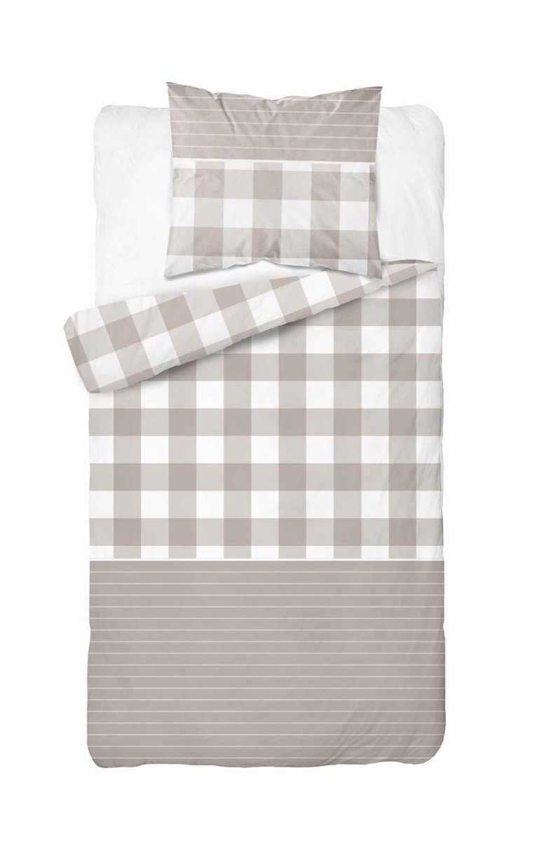 Pościel satynowa 140x200 Beżowa kratka z paskami – rustykalna elegancja, 100% bawełna Home Satin
