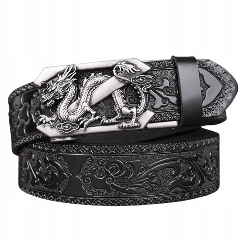 Pas pasek SKÓRZANY AUTOMATYCZNY CZARNY LITERA Z srebrna klamra SMOK 130 cm