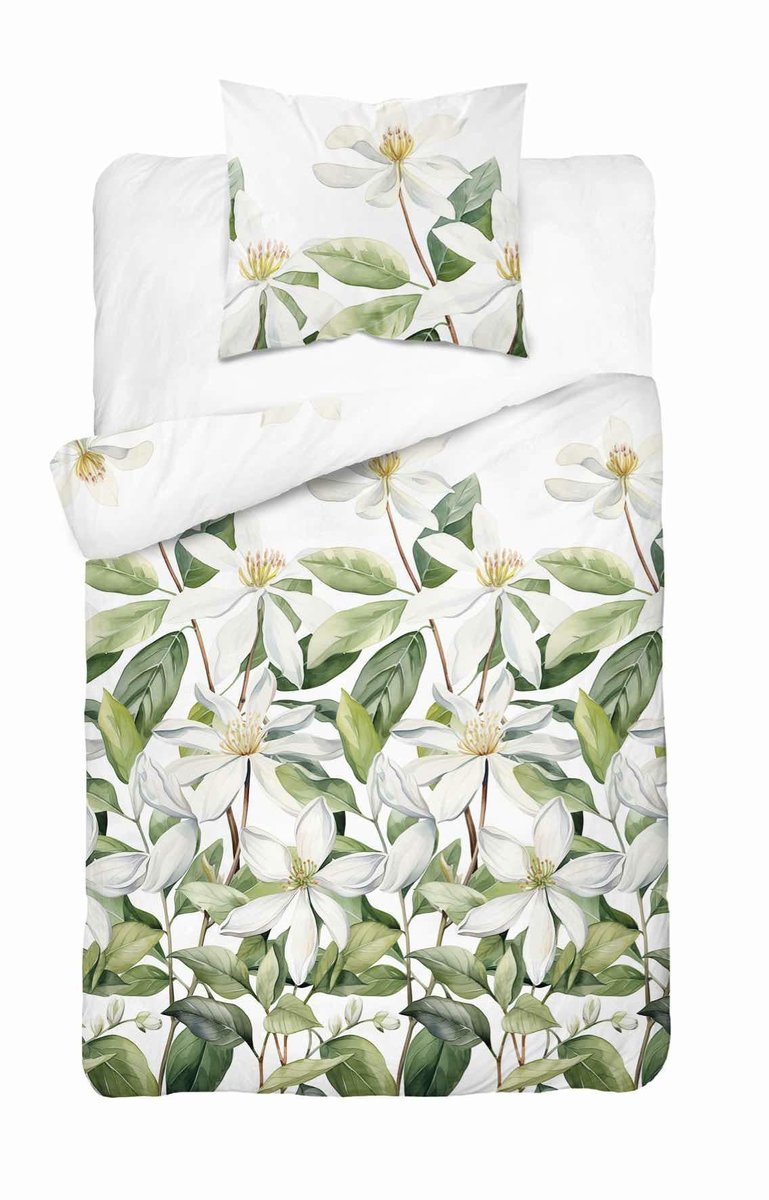 Pościel satynowa 140x200 Biała z zielonymi liśćmi i kwiatami – botaniczna świeżość, 100% bawełna - Home Satin