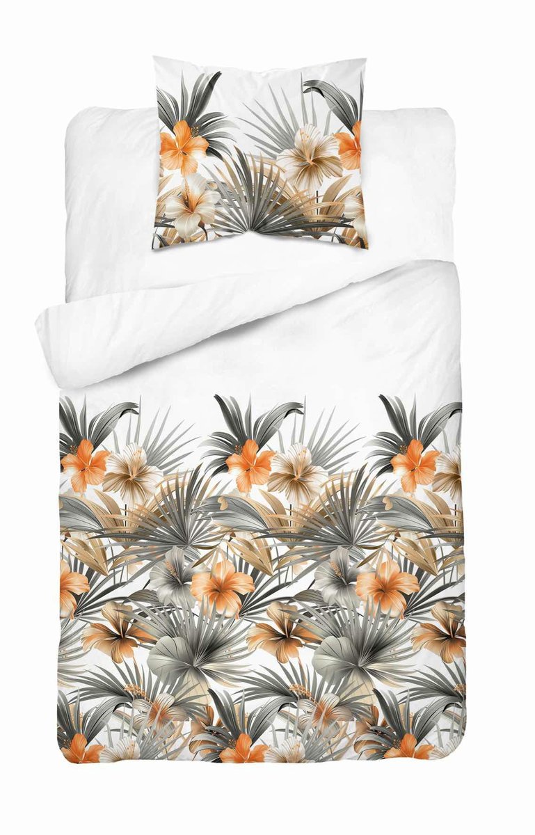 Pościel satynowa 140x200 Biała w pomarańczowe kwiaty i palmy – styl tropikalny, 100% bawełna - Home Satin