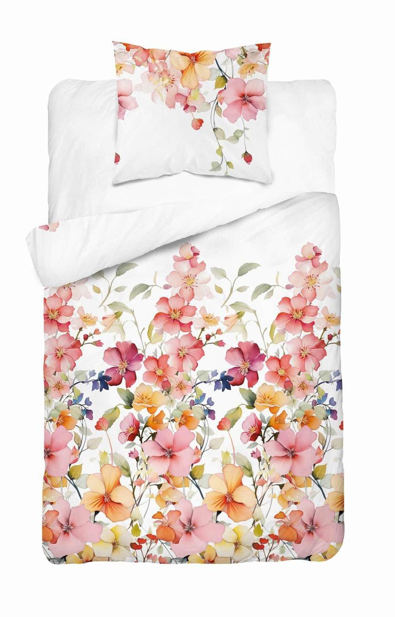 Pościel satynowa 140x200 Biała w kolorowe kwiaty – akwarelowy wzór, 100% bawełna Home Satin