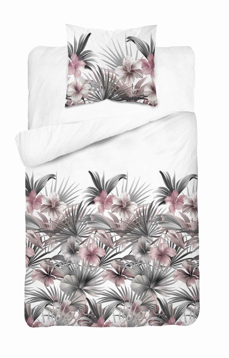 Pościel satynowa 140x200 Biała z liśćmi palmowymi i różowymi hibiskusami – styl tropikalny, 100% bawełna - Home Satin