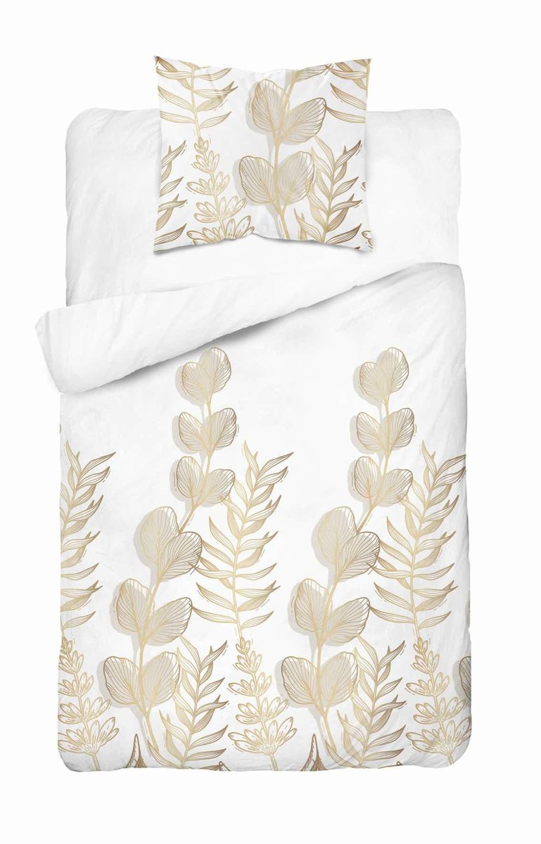 Pościel satynowa 140x200 Biała w złoto-beżowe liście – elegancki wzór, 100% bawełna Home Satin