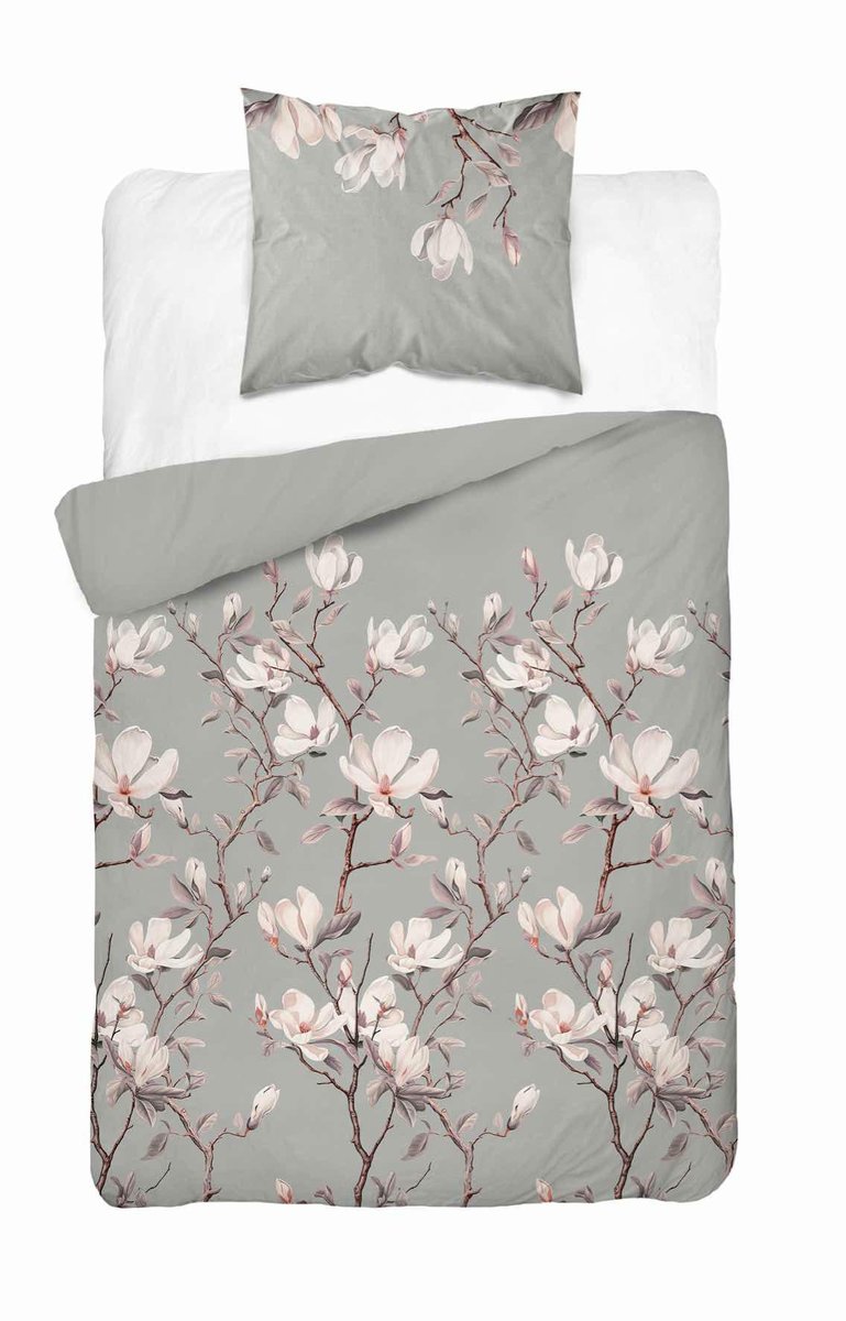 Pościel satynowa 140x200 Szara z magnolią – elegancki botaniczny wzór, 100% bawełna - Home Satin