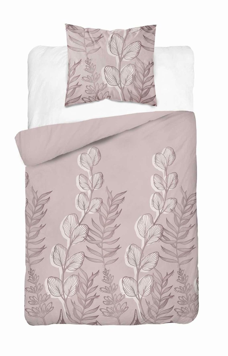 Pościel satynowa 140x200 Pudrowy róż z liśćmi – delikatny motyw, 100% bawełna - Home Satin