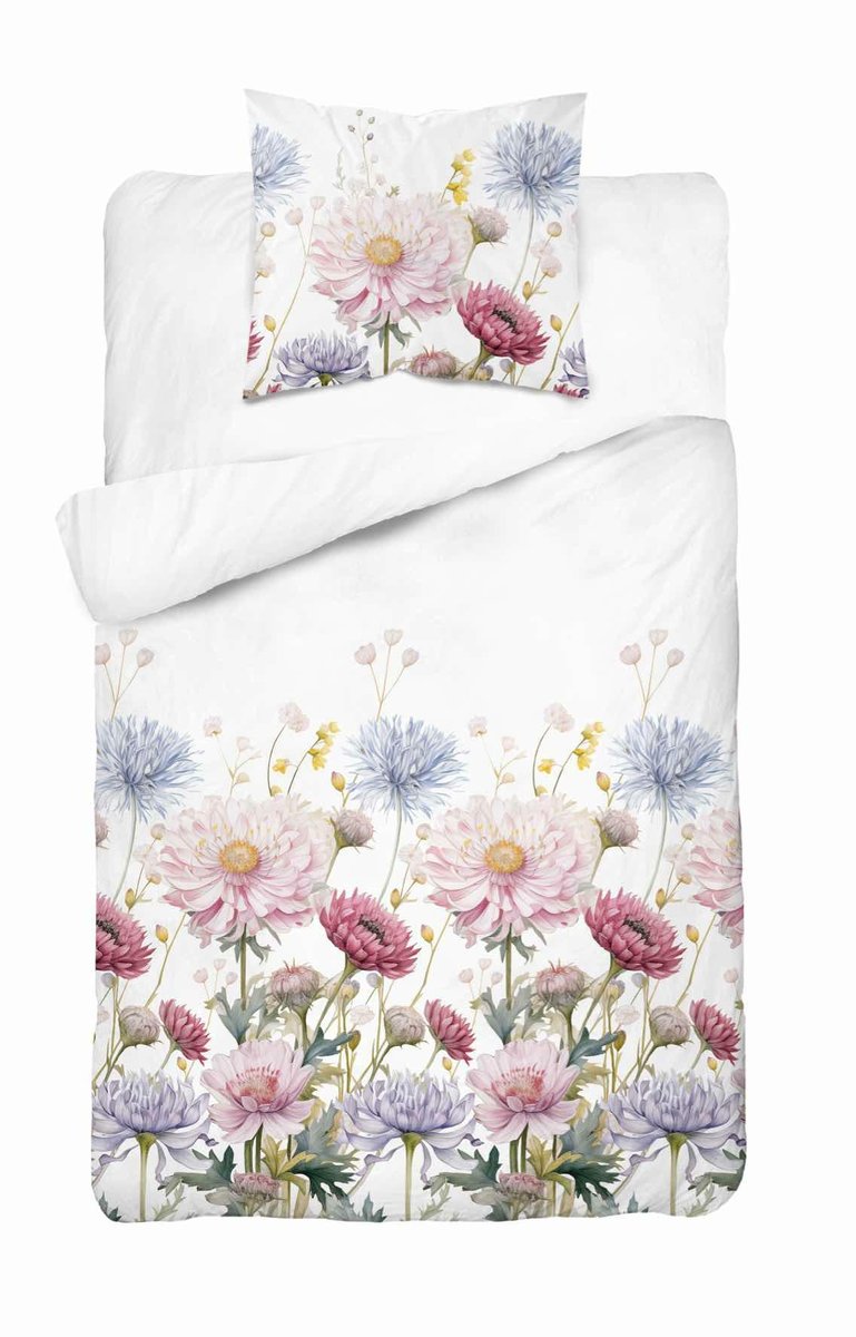 Pościel satynowa 140x200 Biała w pastelowe kwiaty – subtelna elegancja, 100% bawełna - Home Satin