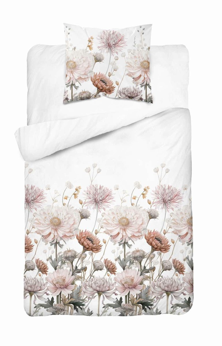 Pościel satynowa 140x200 Biała w pudrowe kwiaty – romantyczna elegancja, 100% bawełna - Home Satin