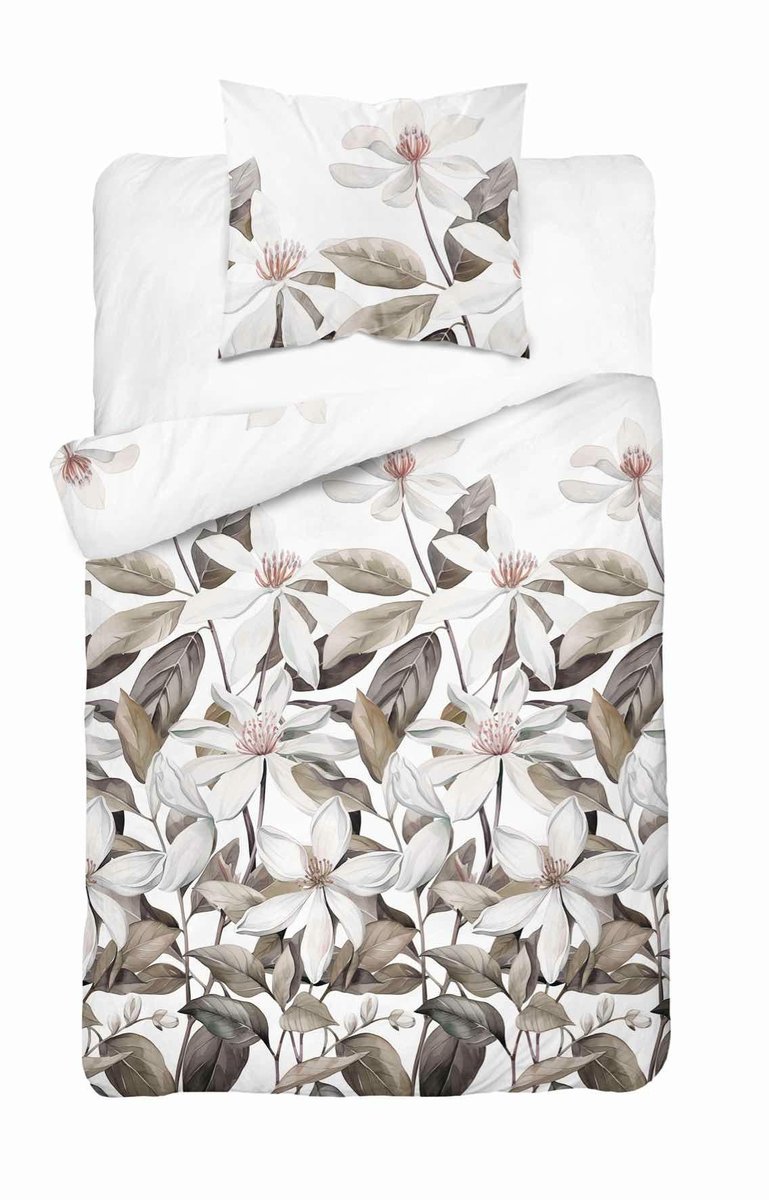 Pościel satynowa 140x200 Biała z beżowymi liśćmi i kwiatami – naturalna elegancja, 100% bawełna - Home Satin
