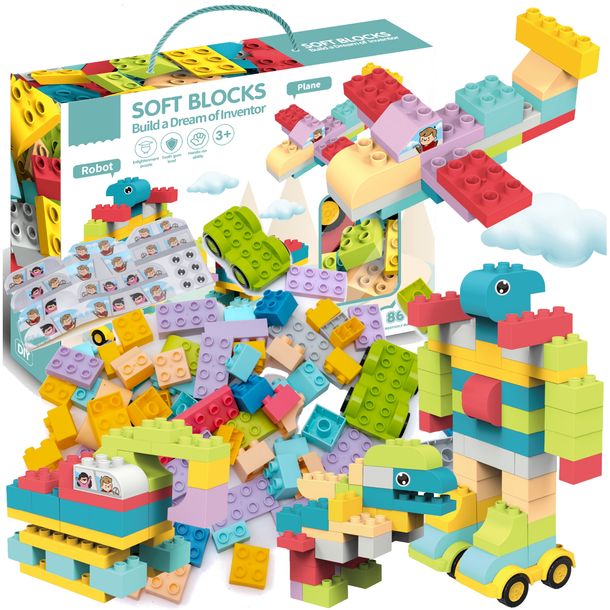 Klocki konstrukcyjne MIĘKKIE SENSORYCZNE DUŻE Soft Blocks ZESTAW XXL 86 el ZESTAW KLOCKÓW DLA DZIECI