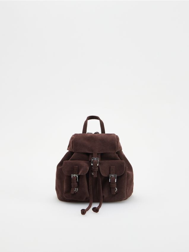 Reserved - Zamszowy plecak z kieszeniami - ciemnobrązowy