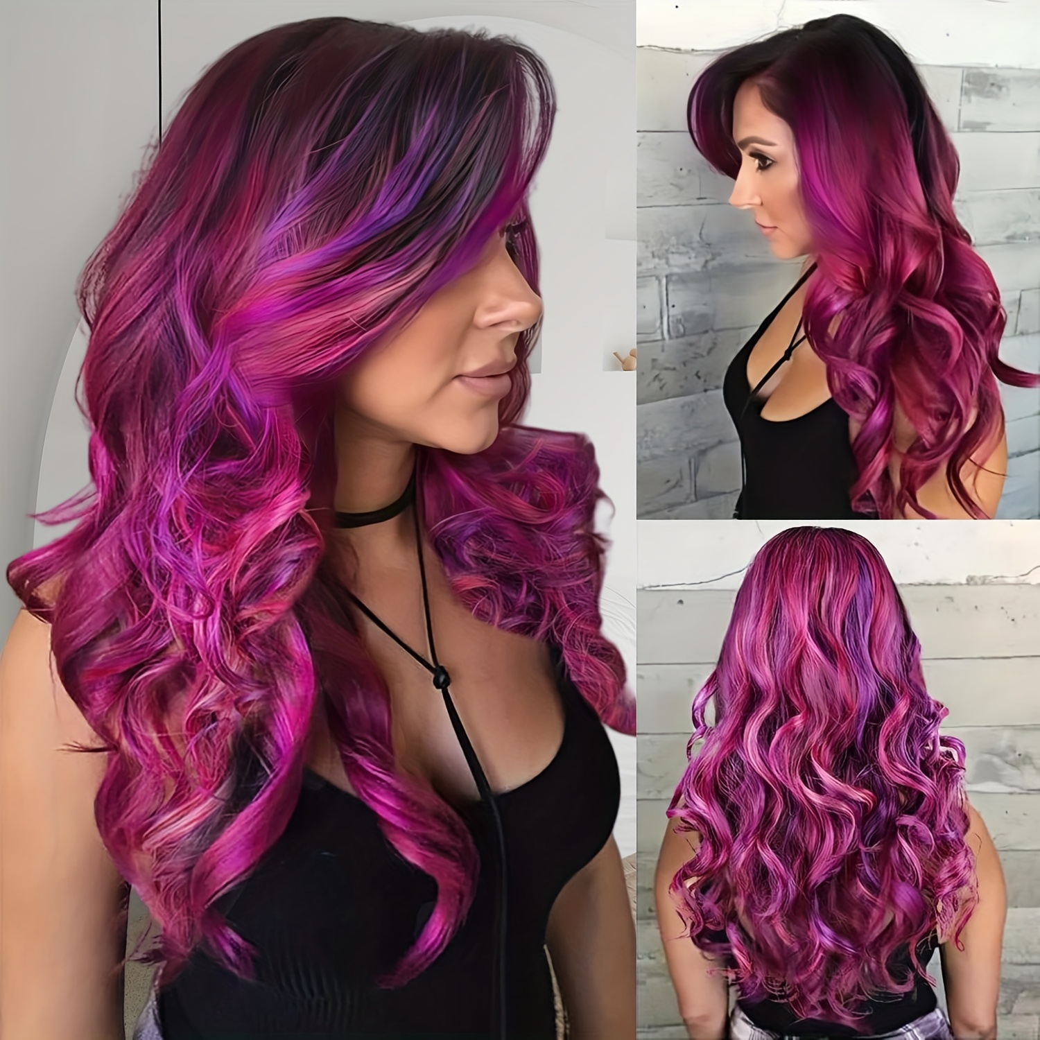 TEMU Peruki Długie Falowane Ombre w Kolorze Fioletowym z Czerwonymi Różami dla Kobiet - Syntetyczna Peruka o Długości 26 Cali z Grzywką i Przekładką