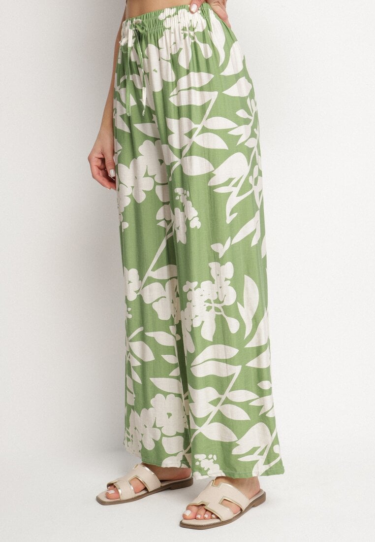 Ciemnozielone Wiskozowe Spodnie o Szerokim Kroju z Wysokim Stanem w Kwiaty Neorilia