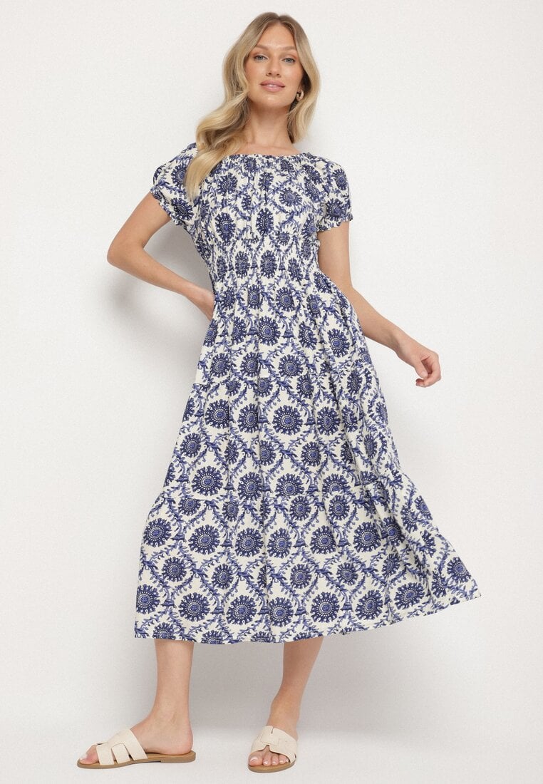 Niebieska Sukienka z Bawełną i Bufiastymi Rękawami Revilee