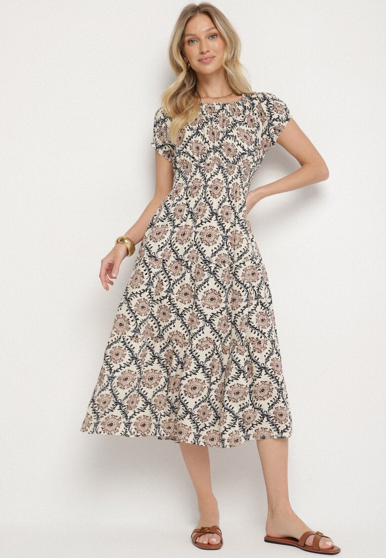 Beżowo-Niebieska Sukienka z Bawełną i Bufiastymi Rękawami Revilee