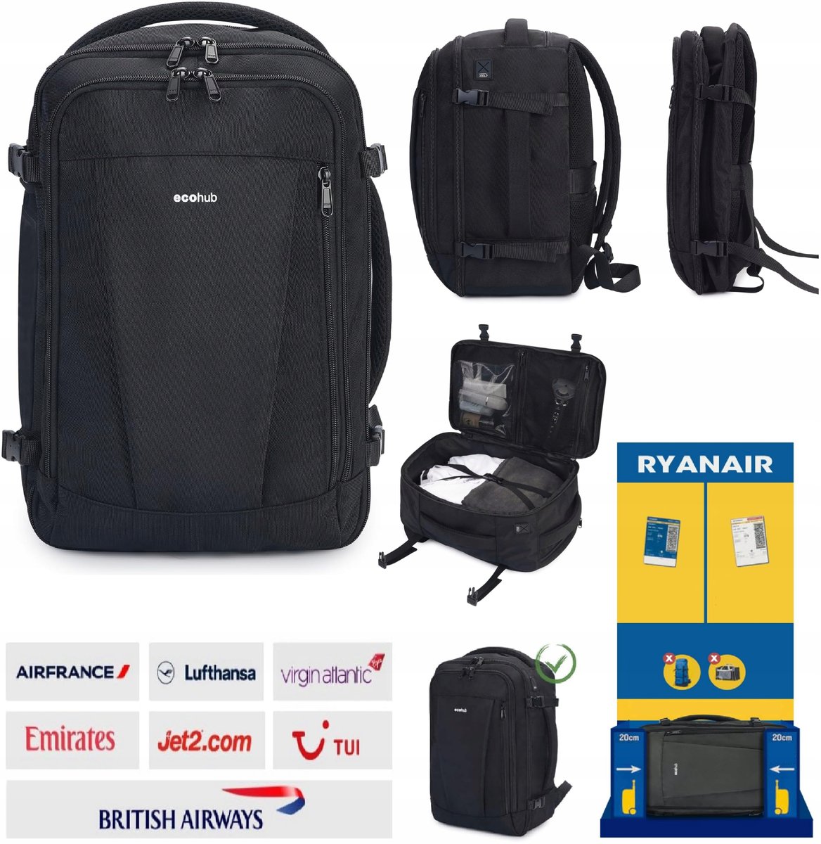 PLECAK PODRÓŻNY RYANAIR TORBA KABINOWA 40x20x25cm 20L DO SAMOLOTU PORT USB