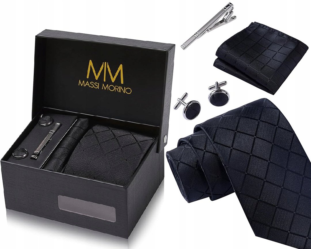 Zestaw Męski Prezentowy Krawat Spinki Spinka Czarna Pudełko Na Prezent
