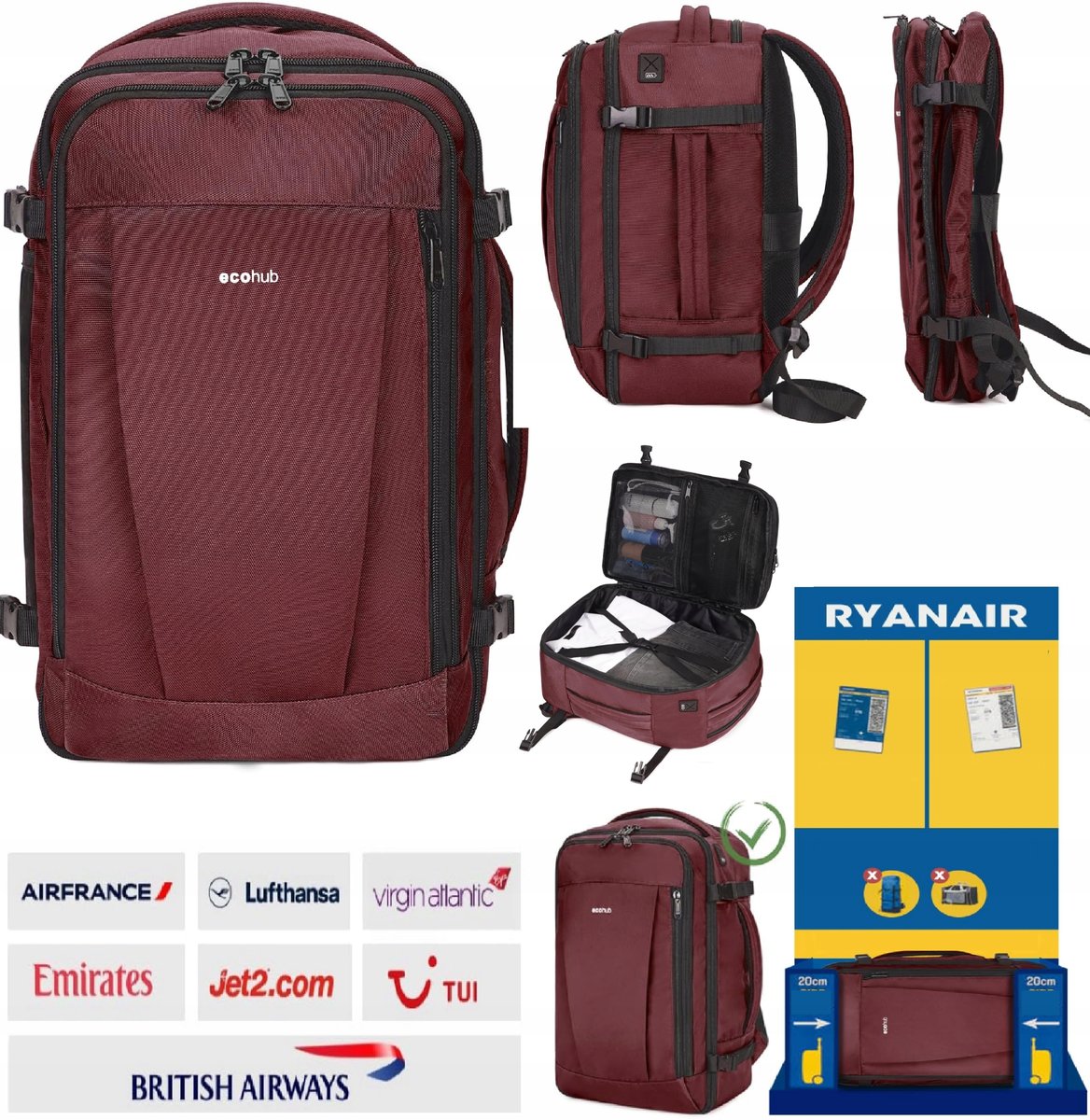 PLECAK PODRÓŻNY RYANAIR TORBA KABINOWA 40x20x25cm 20L DO SAMOLOTU PORT USB