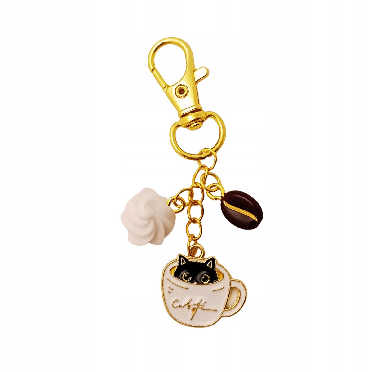 Złoty brelok kot w jasnej filiżance kawy Breloczek Karabińczyk do kluczy