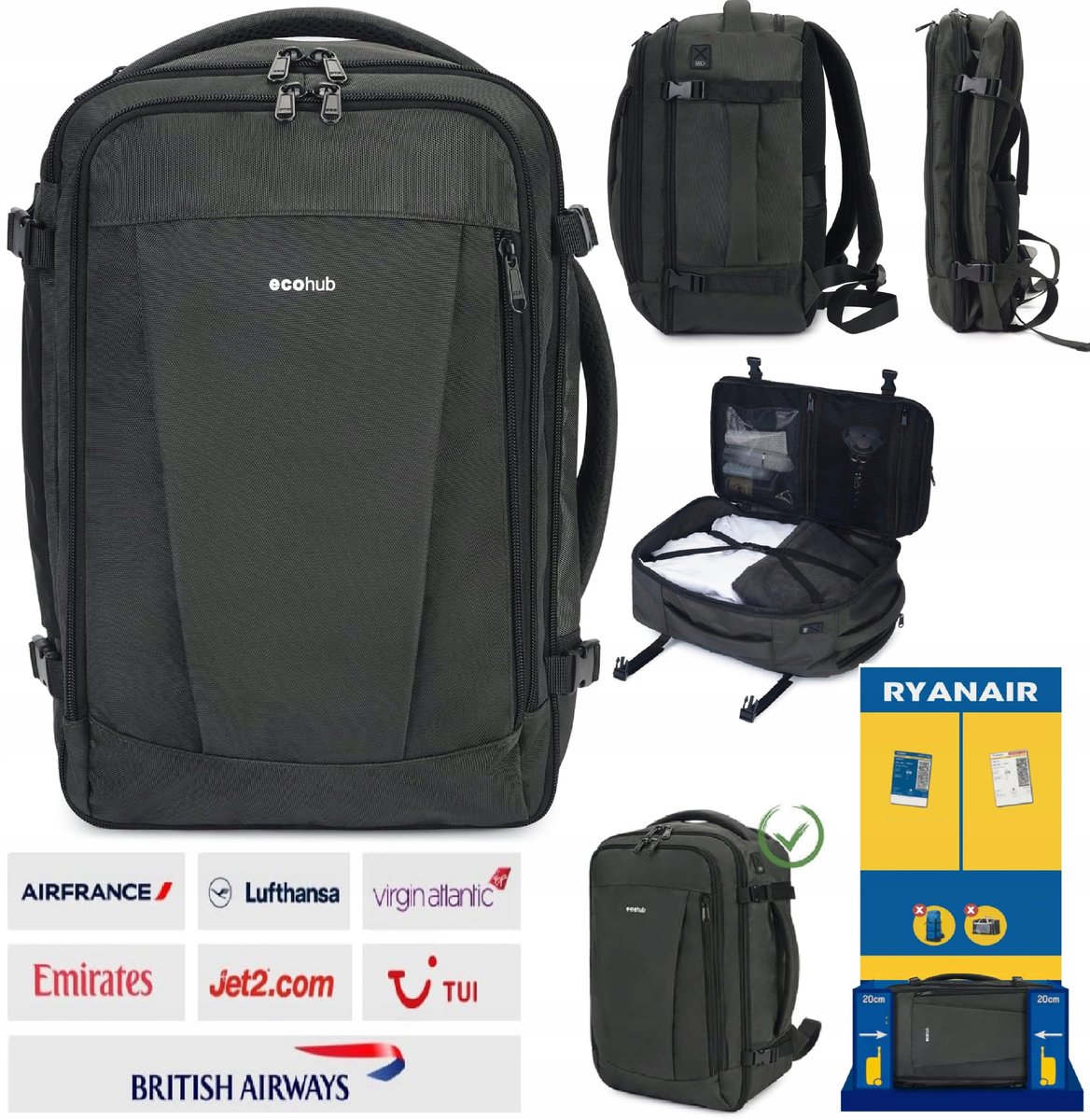 PLECAK PODRÓŻNY RYANAIR TORBA KABINOWA 40x20x25cm 20L DO SAMOLOTU PORT USB
