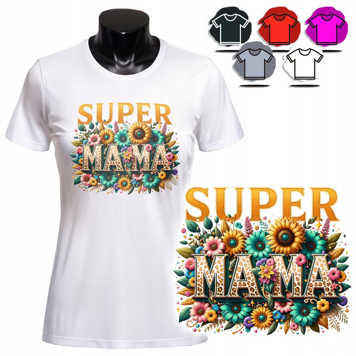 KOSZULKA DAMSKA Z NADRUKIEM T-SHIRT - SUPER MAMA DZIEŃ MATKI KWIATY - 3XL