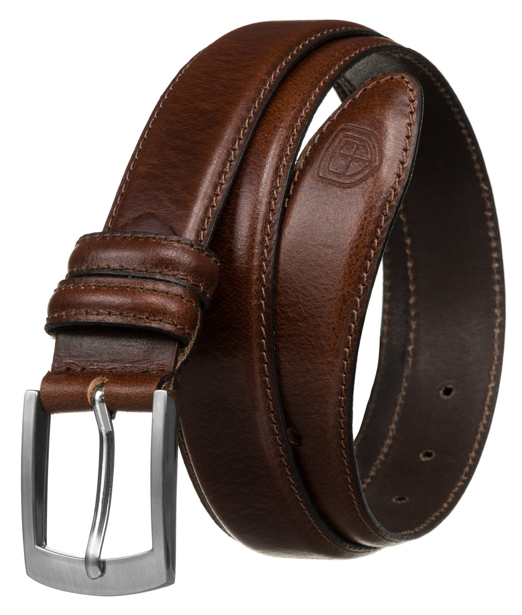 Brązowy elegancki pasek męski do spodni z klasyczną srebrną klamrą 125 PETERSON skóra naturalna wąski wizytowy tłoczone logo