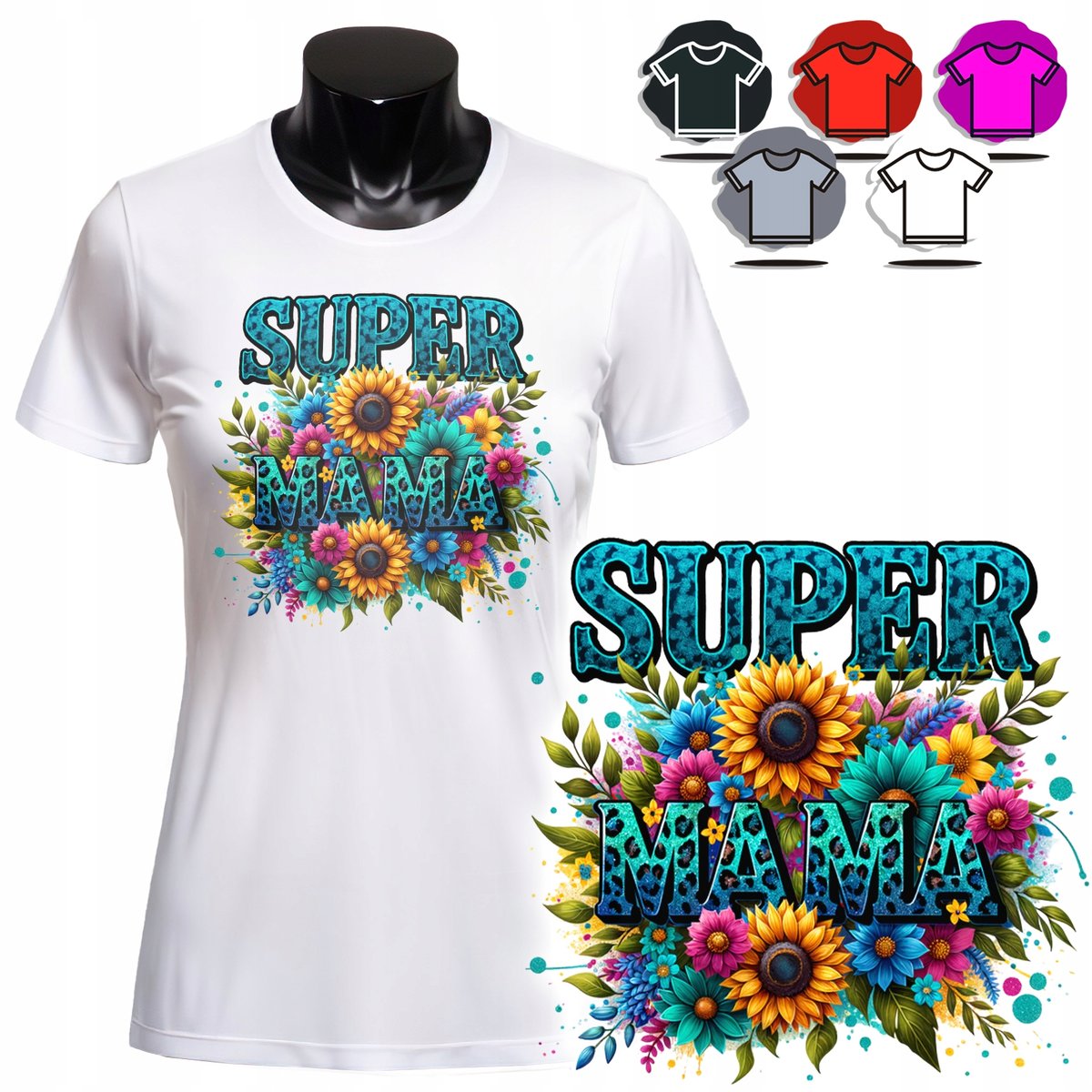 KOSZULKA DAMSKA Z NADRUKIEM T-SHIRT - SUPER MAMA DZIEŃ MATKI KWIATY - XS