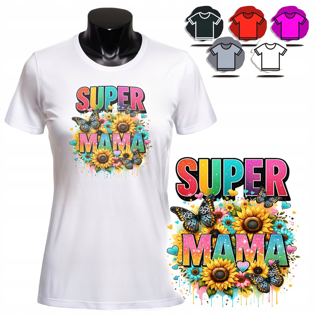 KOSZULKA DAMSKA Z NADRUKIEM T-SHIRT - SUPER MAMA DZIEŃ MATKI KWIATY - S