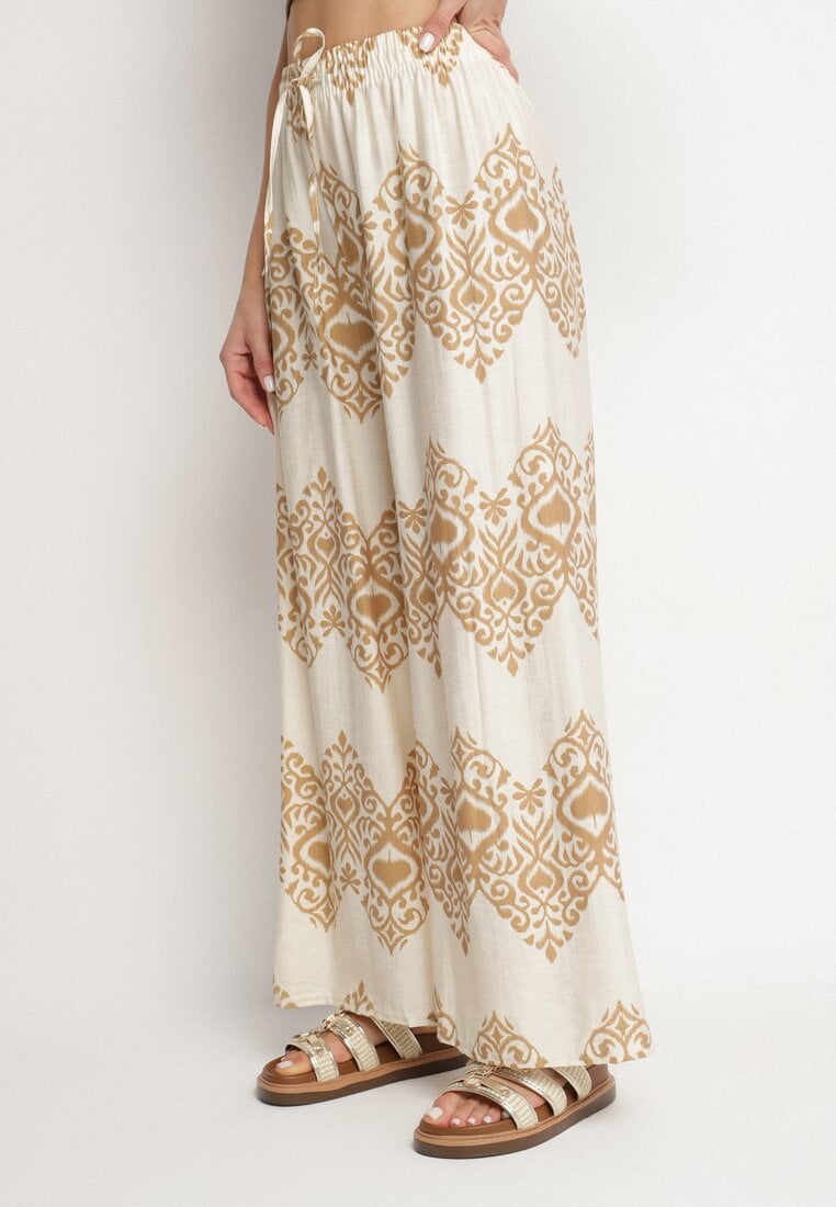 Beżowe Wiskozowe Szerokie Spodnie z Geometrycznym Wzorem Faneoriela