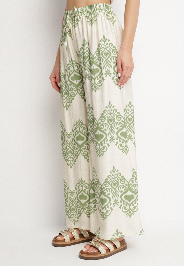 Zielone Wiskozowe Szerokie Spodnie z Geometrycznym Wzorem Faneoriela