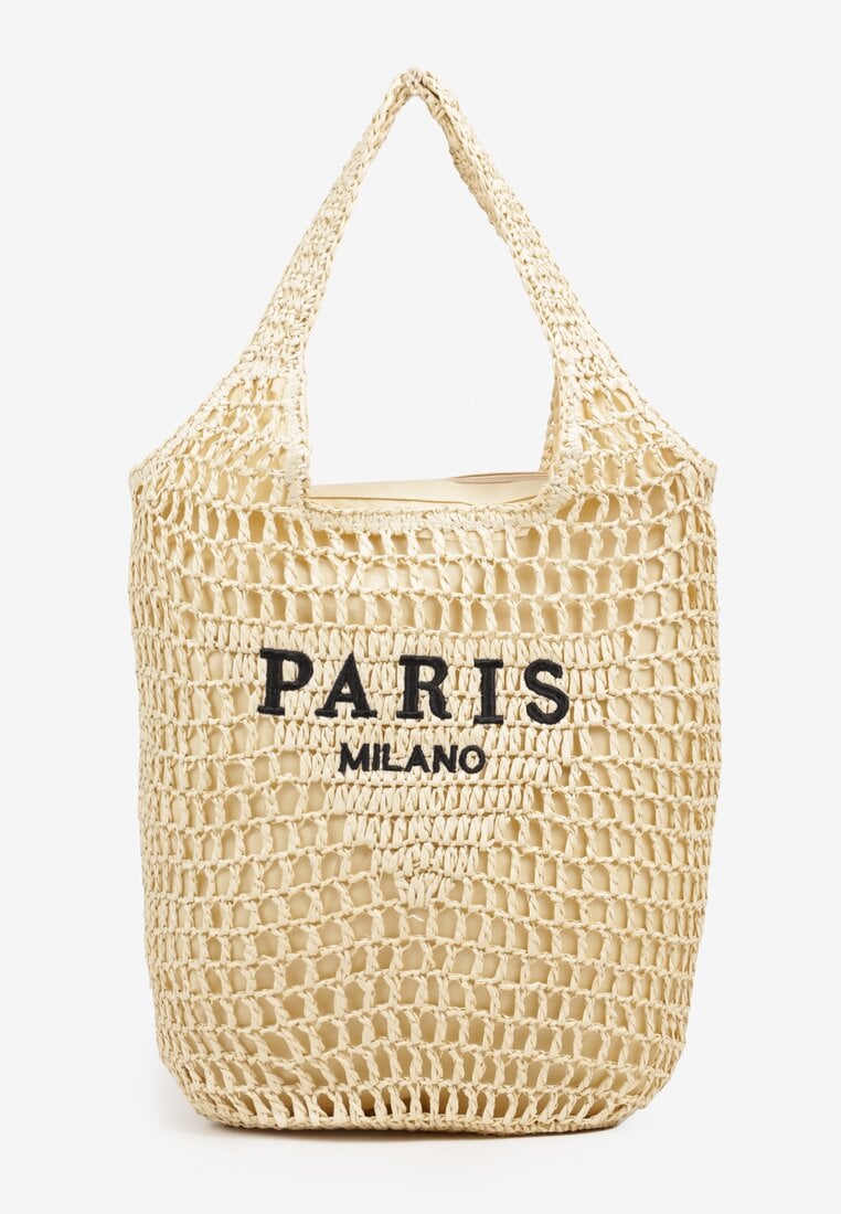Beżowa Torebka Shopper z Plecionką i Napisami Navessa