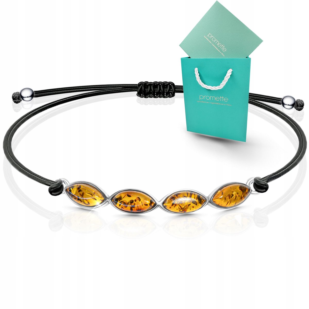 Bransoletka z bursztynem srebrna na sznurku bursztyn naturalny srebro 925