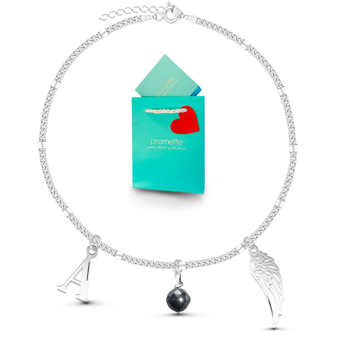 Bransoletka turmalin czarny naturalny literka skrzydło damska srebrna 925