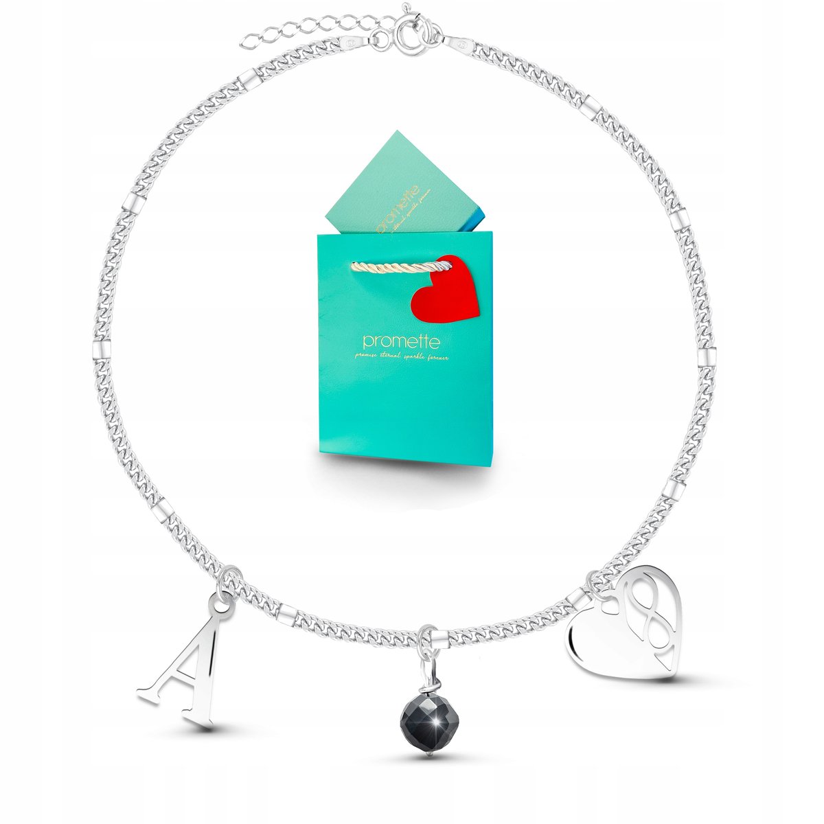 Bransoletka turmalin nieskończoność serce z literka młodzieżowa ag 925