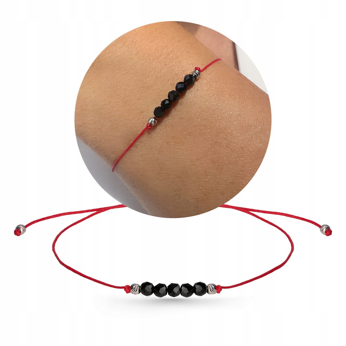 Turmalin bransoletka na sznurku na szczęście srebro 925 pudełko