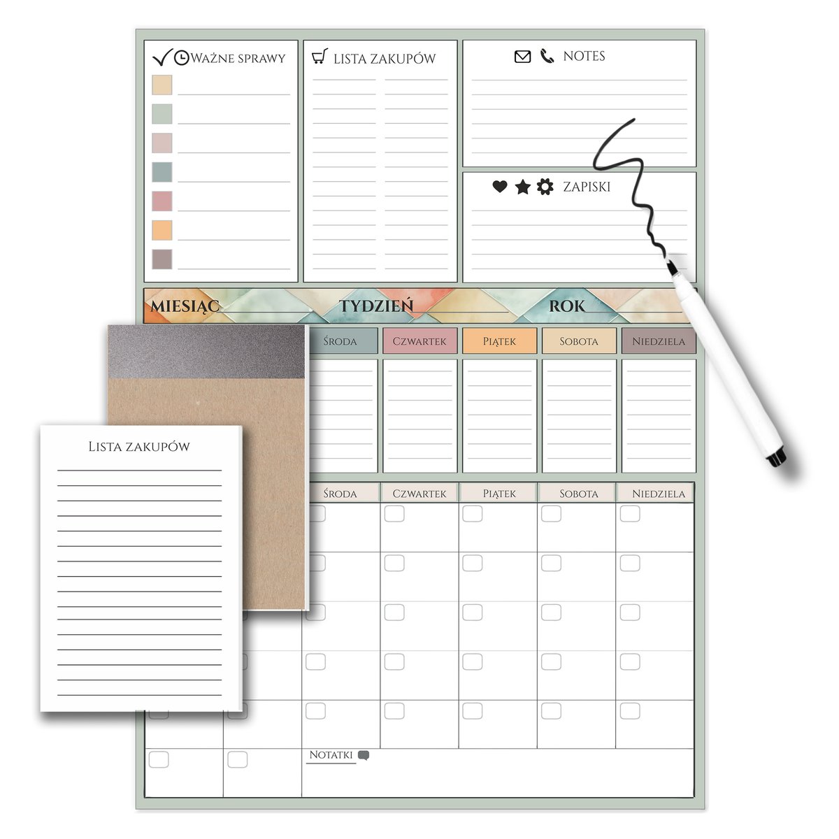 Magnetyczny Planer tygodniowy miesięczny na lodówkę + Pisak i Lista Zakupów