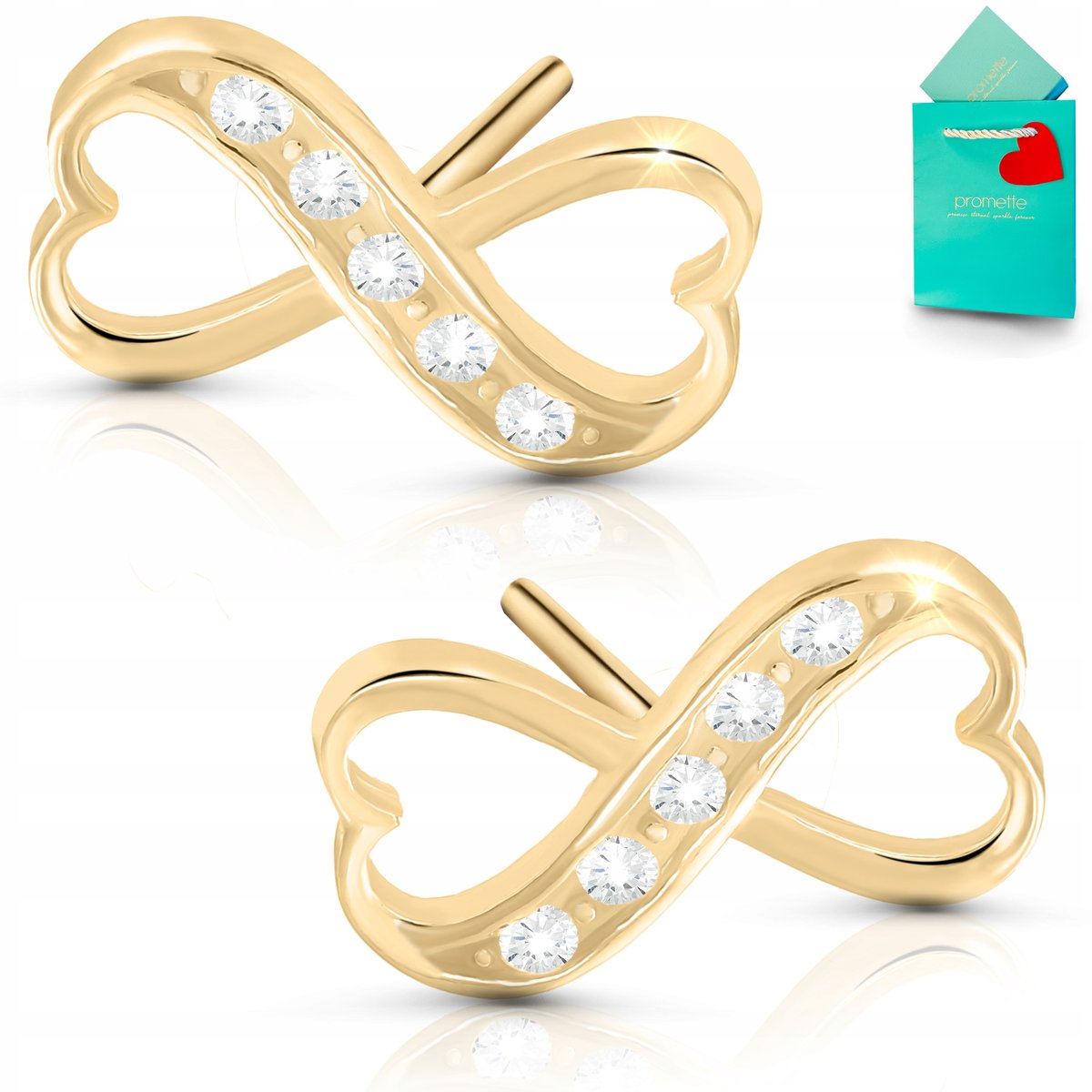 Kolczyki wkrętki srebrne pozłacane złote nieskończoność serca 925 sztyfty