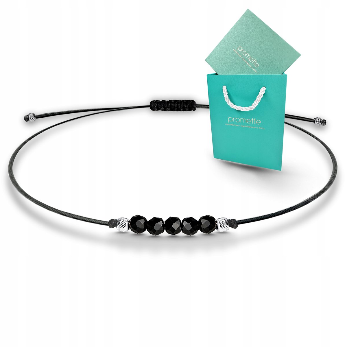 Bransoletka ochronna turmalin czarny naturalny na sznurku srebrna próba 925